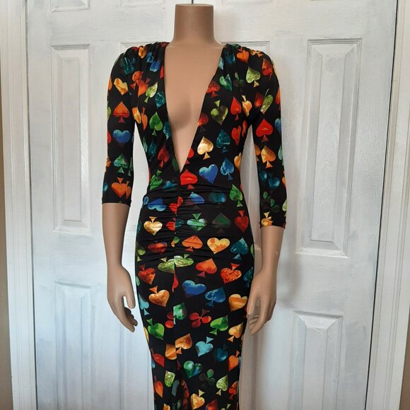 FASHION NOVA Black Plunge Maxi Dress with a Colourful Heart Print - Size Small - Picture 3 of 12